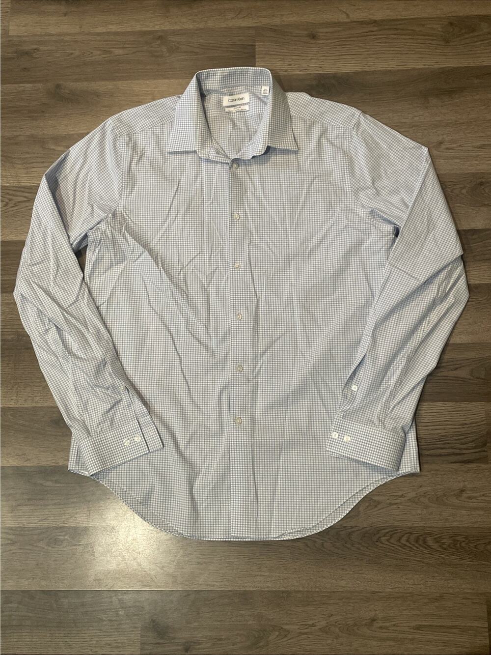 Calvin Klein Steel+ Slim Fit Dress Shirt 16.5 36/37 Blue Micro Check Non Iron
